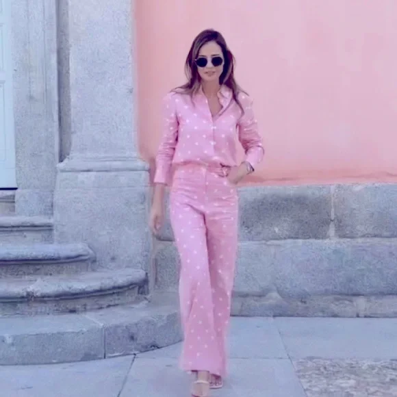 Zara Pants Jumpsuits Zara Linen Pink Polka Dot Pants Size Xs